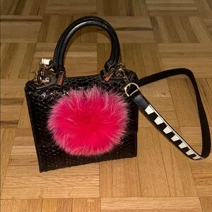 Elegant Black Mini Bag with Pink Fur Accent